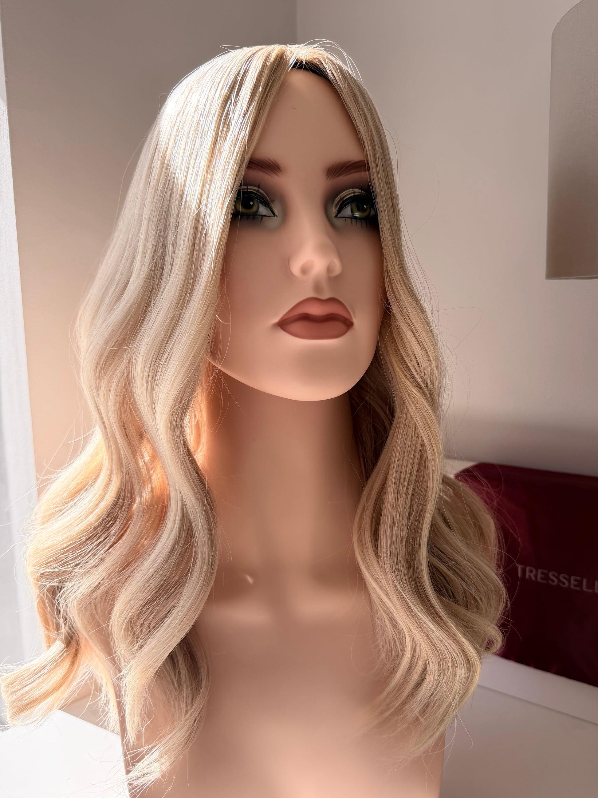 Stockholm Blonde luxury human hair silk base topper by Tresselle London, designed for natural crown density, discreet fullness and seamless blending.