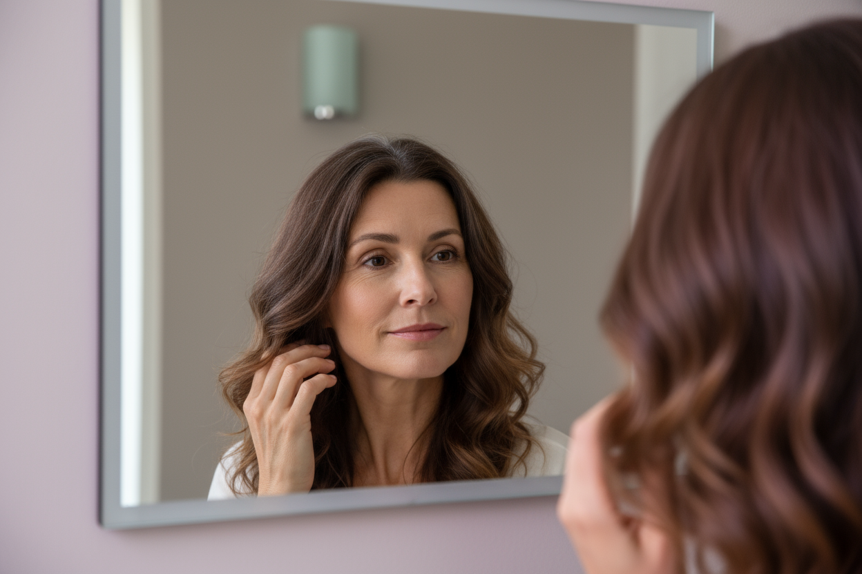 a beautiful woman.  realistic modern photo their face reflected looking at their hair.  Soift plum details.  Close up not much distraction and background. Age 40+